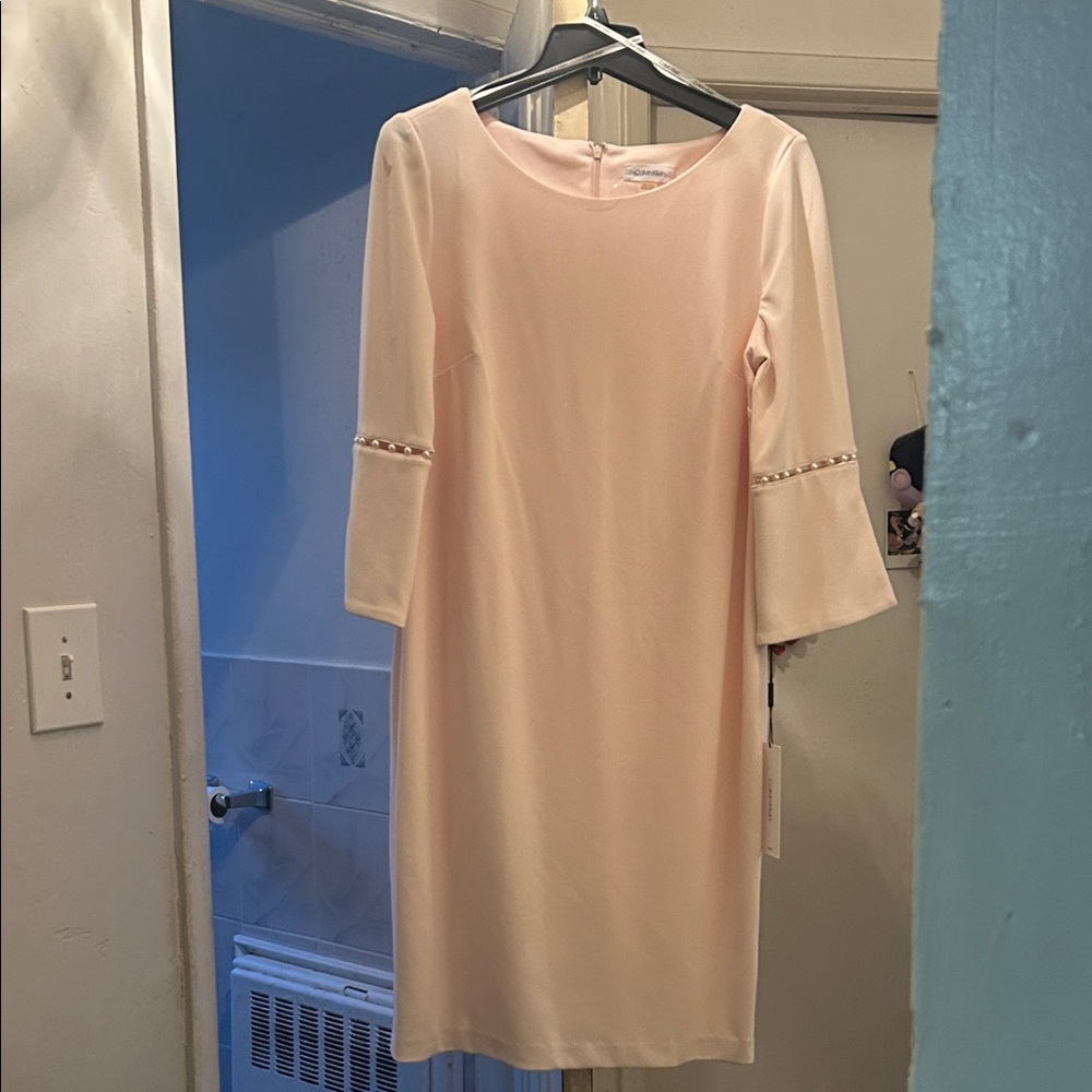 Calvin Klein Blush Pink Pearl-Trim Midi Dress